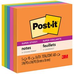 Post-it&reg; Super Sticky Notes - Energy Boost Color Collection - 450 - 3" x 3" - Square - 90 Sheets per Pad - Unruled - Vital Orange, Tropical Pink, Sunnyside, Blue Paradise, Limeade - Paper - Self-a