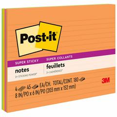 Post-it&reg; Super Sticky Lined Meeting Notepads - 180 - 6" x 8" - Rectangle - 45 Sheets per Pad - Ruled - Vital Orange, Tropical Pink, Sunnyside, Limeade - Paper - Self-adhesive - 4 / Pack