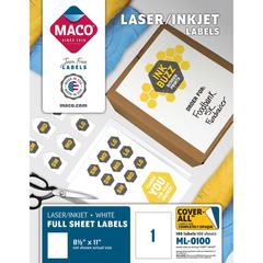 MACO White Laser/Ink Jet Full Sheet Label - 8 1/2" Width x 11" Length - Rectangle - Laser, Inkjet - White - 100 / Box - Lignin-free