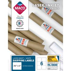MACO White Laser/Ink Jet Shipping Label - 3 21/64" Width x 4" Length - Rectangle - Laser, Inkjet - White - 6 / Sheet - 600 / Box - Lignin-free