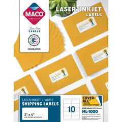 MACO White Laser/Ink Jet Shipping Label - 2" Width x 4" Length - Rectangle - Laser, Inkjet - White - 10 / Sheet - 1000 / Box - Lignin-free