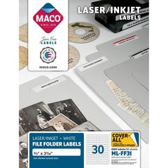 Maco Assorted Laser/Inkjet File Folder Labels - 43/64" Width x 3 7/16" Length - Permanent Adhesive - Inkjet, Inkjet - White - 30 / Sheet - 1500 / Box