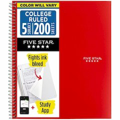 Mead Five-Star Wirebound 5-Subject Notebook - 200 Sheets - Wire Bound - 11" x 8 1/2" Sheet Size - White Paper - Assorted Cover - Pocket, Stiff-back, Perforated, Pocket Divider, Heavyweight, Subject, S