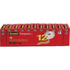 Scotch Transparent Tape - 3/4"W - 27.78 yd Length x 0.75" Width - 1" Core - Moisture Resistant, Stain Resistant, Long Lasting - For Wrapping, Sealing, Mending, Label Protection - 12 / Pack - Clear