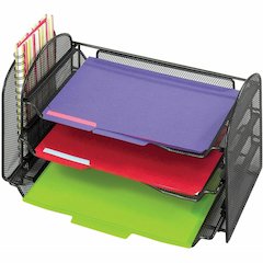 Safco Onyx 1 Upright/3 Tray Mesh Desk Organizer - 1 Pocket(s) - 8" Height x 17.25" Width x 9" Depth - Desktop - Black - 1 Each
