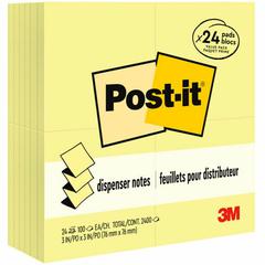 Post-it&reg; Dispenser Notes Value Pack - 2400 - 3" x 3" - Square - 100 Sheets per Pad - Unruled - Canary Yellow - Paper - Self-adhesive, Repositionable - 24 / Pack