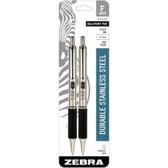Zebra STEEL 4 Series F-402 Retractable Ballpoint Pen - Fine Pen Point - 0.7 mm Pen Point Size - Refillable - Retractable - Black - Stainless Steel Barrel - 2 / Pack
