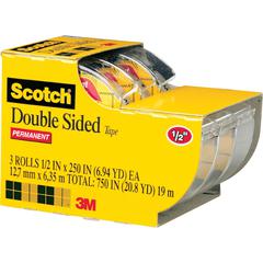 Scotch Double-Sided Tape - 20.83 ft Length x 0.50" Width - 1" Core - Dispenser Included - Handheld Dispenser - Long Lasting - For Attaching, Mounting - 3 / Pack - Clear