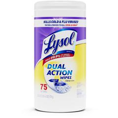 Lysol Dual Action Wipes - For Multipurpose - Citrus Scent - 7" Length x 7.25" Width - 75 / Canister - 1 Each - Pre-moistened, Anti-bacterial - White/Purple