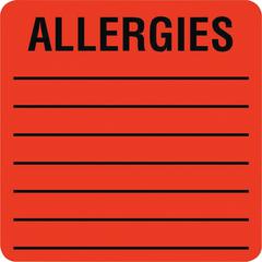 Tabbies Square ALLERGIES Labels - 2" Width x 2" Length - Permanent Adhesive - Square - Fluorescent Red - 500 / Roll - 500 / Roll - Self-adhesive