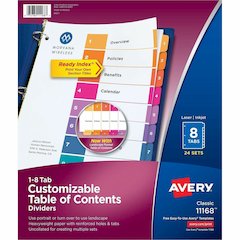 Avery Dividers, 8 Tabs, Ready Index (24 Sets of 11168) - 192 x Divider(s) - 192 Tab(s) - Digit - 1-8, Table of Contents - 8 Tab(s)/Set - 8.5" Divider Width x 11" Divider Length - 3 Hole Punched - Whit