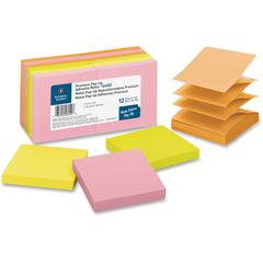Business Source Reposition Pop-up Adhesive Notes - 3" Flag/Note Width x 3" Flag/Note Length - Square - Assorted Neon - Removable, Repositionable, Solvent-free Adhesive - No - 12 / Pack