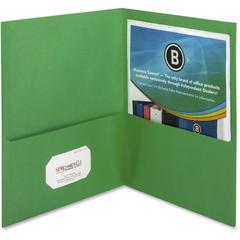 Business Source Letter Recycled Pocket Folder - 8 1/2" x 11" - 100 Sheets Capacity - 2 Inside Front & Back Pocket - Paper - Green - Card Holder - 35% Recycled - 25 / Box