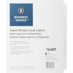 Business Source Un-punched Index Dividers Set - 5 x Divider(s) - Blank Tab(s) - 5 Tab(s)/Set - White Divider - White Tab(s) - 100% Recycled - Unpunched - 1 Box