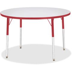 Jonti-Craft Berries Adult Gray Laminate Round Table - Laminated Round, Red Top - Four Leg Base - 4 Legs - Adjustable Height - 11" to 15" Adjustment x 1.13" Table Top Thickness x 42" Table Top Diameter