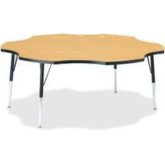 Jonti-Craft Berries Adult Black Edge Six-leaf Table - Black Oak, Laminated Top - Four Leg Base - 4 Legs - Adjustable Height - 24" to 31" Adjustment x 1.13" Table Top Thickness x 60" Table Top Diameter