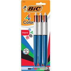 BIC 4-Color Retractable Ball Pen - Medium Pen Point - 1 mm Pen Point Size - Conical Pen Point Style - Refillable - Retractable - Black, Blue, Green, Red - Opaque Blue Barrel - 3 / Pack