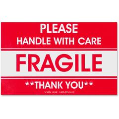 Tatco Fragile/Handle With Care Shipping Label - "Fragile - Handle with Care, Thank You" - 3" Width x 5" Length - Rectangle - Red - 500 / Roll - 500 / Roll