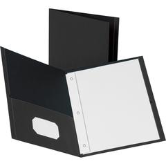 Business Source Letter Recycled Pocket Folder - 8 1/2" x 11" - 100 Sheets Capacity - 3 x Prong Fastener - 2 Inside Front & Back Pocket - Leatherette - Black - 35% Recycled - 25 / Box