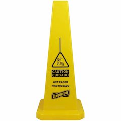 Genuine Joe Bright 4-sided Caution Safety Cone - 1 Each - English, Spanish - 10" Width x 24" Height x 10" Depth - Cone Shape - Stackable - Industrial - Polypropylene - Yellow