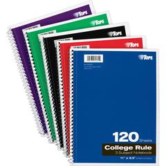 TOPS 3 - subject College Ruled Notebook - Letter - 120 Sheets - Wire Bound - Letter - 8 1/2" x 11" - 0.25" x 8.5" x 11" - Assorted Paper - Black, Red, Blue, Green, Purple Cover - Divider, Perforated -
