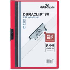 DURABLE DURACLIP Letter No Report Cover - 8 1/2" x 11" - 30 Sheets Capacity - 1 Fastener - Vinyl - Red - 25 / Box