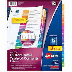 Avery Dividers, 12 Tabs, Ready Index (3 Sets of 11073) - 36 x Divider(s) - 36 Tab(s) - Digit - 1-12 - 12 Tab(s)/Set - 8.5" Divider Width x 11" Divider Length - 3 Hole Punched - White Paper Divider - M