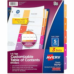 Avery Dividers, 5 Tabs, Ready Index (3 Sets of 11070) - 15 x Divider(s) - 15 Tab(s) - Digit - 1-5 - 5 Tab(s)/Set - 8.5" Divider Width x 11" Divider Length - 3 Hole Punched - White Paper Divider - Mult