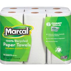 Marcal 100% Recycled Giant Roll Paper Towels - 2 Ply - 140 Sheets/Roll - White - 6 Rolls Per Container - 6 / Pack