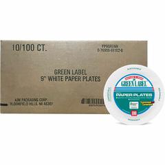 Green Label Green Label 9" Economy Paper Plates - Microwave Safe - 9" Diameter - White - Paper Body - Round - 100/Pack - 10 / Carton