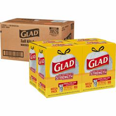 Glad ForceFlex Tall Kitchen Drawstring Trash Bags - 13 gal Capacity - 24" Width x 27" Length - Drawstring Closure - White - Plastic - 4/Carton - 100 Per Box - Kitchen, Office, Day Care, Restaurant, Sc