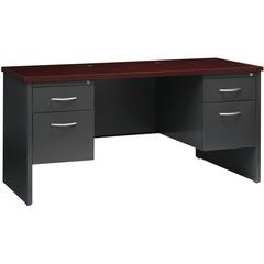 Lorell Fortress Modular Series Double-pedestal Credenza - 60" x 24" , 1.1" Top - 2 x Box, File Drawer(s) - Double Pedestal - Material: Steel - Finish: Mahogany Laminate, Charcoal - Scratch Resistant, 