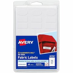 Avery&reg; No-Iron Clothing Labels - Assorted Shapes & Sizes - Waterproof - Permanent Adhesive - Assorted - Matte - White - Film - 15 / Sheet - 3 Total Sheets - 45 Total Label(s) - 45/Pack - 18 / Cart