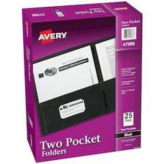 Avery&reg; Letter Pocket Folder - 8 1/2" x 11" - 40 Sheets Capacity - 2 Internal Pocket - Embossed Paper - Black - Embossed - 25/Box - 5 / Carton