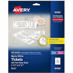 Avery&reg; Blank Tickets with Tear-Away Stubs - 1 3/4" Widthss x 5 1/2" Length - Laser, Inkjet - Matte White - 20 / Sheet - 200/Pack - 5 / Carton