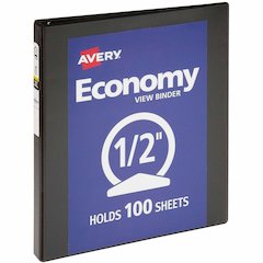 Avery&reg; Economy View Binder - 1/2" Binder Capacity - Letter - 8 1/2" x 11" Sheet Size - 100 Sheet Capacity - 3 Ring - Fastener: Round Ring - Pocket: 2, Internal - Vinyl, Chipboard - Black - 1 lb - 