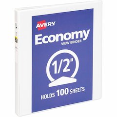 Avery&reg; Economy View Binder - 1/2" Binder Capacity - Letter - 8 1/2" x 11" Sheet Size - 100 Sheet Capacity - 3 Ring - Fastener: Round Ring - Pocket: 2, Internal - Vinyl, Chipboard - White - 13.12 l