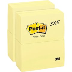 Post-it&reg; Notes Original Notepads - 3" Flag/Note Width x 5" Flag/Note Length - Rectangle - 100 Sheets per Pad - Unruled - Canary Yellow - Paper - Self-adhesive, Repositionable - 12/Pack - 2 / Bundl
