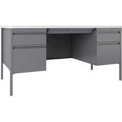 Lorell Fortress Series Double-Pedestal Teachers Desk - 29.5" Height x 60" Width x 30" Depth - Double Pedestal - T-mold Edge - Material: Steel - Finish: Gray - 1 Each