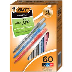 BIC Round Stic Xtra Life Ball Point Pen, Assorted, 60 Pack - 1 mm Pen Point Size - Assorted - Translucent Barrel - 60 Pack