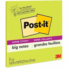 Post-it&reg; Super Sticky Big Notes - 30 x Green - 11" Flag/Note Width x 11" Flag/Note Length - Square - 30 Sheets per Pad - Green - Sticky, Removable - No - 1 Each