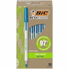 BIC Ecolutions Round Stic Ball Point Pen - Blue Ink - Semi Clear Barrel - 50 / Box