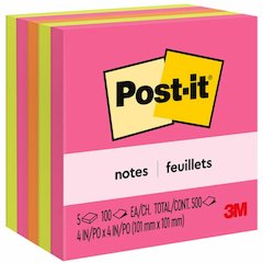 Post-it&reg; Notes - Poptimistic Color Collection - 4" Flag/Note Width x 4" Flag/Note Length - Square - 100 Sheets per Pad - Fuchsia, Neon Green, Neon Orange - Repositionable, Self-adhesive - 1 Pack