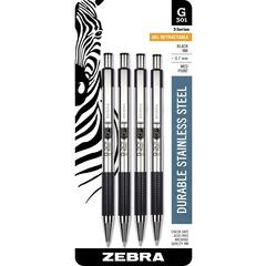Zebra Pen STEEL 3 Series G-301 Retractable Gel Pen - Refillable - Retractable - Black Ink - Gel-based - Metal Barrel - 4 / Pack
