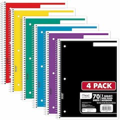 Mead 1 Subject Wide Ruled Spiral Notebook - 70 Sheets - 140 Pages - Spiral Bound - 3 Hole(s) - 10 1/2" x 8" Sheet Size - 10" Height x 8" Width x 0.5" Length - White Paper - Assorted Cover - Durable Co