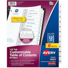 Avery Dividers, 12 Tabs, Ready Index (6 Sets of 11824) - 72 x Divider(s) - 72 Tab(s) - Digit - 1-12, Table of Contents - 12 Tab(s)/Set - 8.5" Divider Width x 11" Divider Length - 3 Hole Punched - Whit