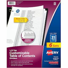 Avery 1-31 Dividers, 31 Tabs, Ready Index (6 Sets of 11827) - 186 x Divider(s) - 186 Tab(s) - Digit - 1-31, Table of Contents - 31 Tab(s)/Set - 8.5" Divider Width x 11" Divider Length - 3 Hole Punched