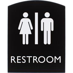 Lorell Arched Unisex Restroom Sign - 6.8" Width x 8.5" Height - Rectangular Shape - Surface-mountable - Easy Readability, Braille - Plastic - Black - 1 Each