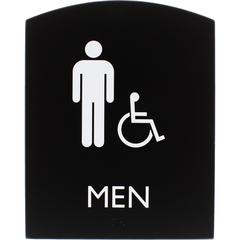 Lorell Arched Men's Handicap Restroom Sign - Print/Message "Men" - 6.8" Width x 8.5" Height - Rectangular Shape - Surface-mountable - Easy Readability, Braille - Plastic - Black - 1 Each