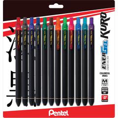 EnerGel Kuro Liquid Gel Retractable Pens - Retractable - Assorted Ink - Liquid Gel Ink - Rubberized Barrel - 12 / Pack